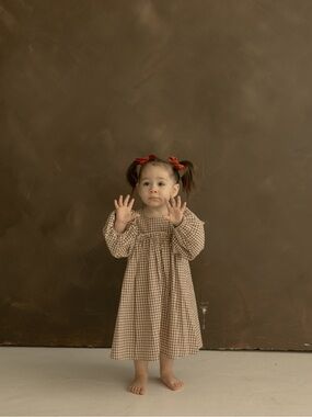 Forever French Girls Cotton Gingham Long Puff Sleeve Dress 4-5 Years Honey Brown